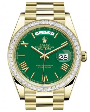 Rolex Day-Date 40-228398TBR (Yellow Gold President Bracelet, Green Roman Dial, Diamond Bezel)