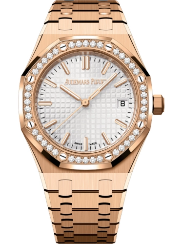 Audemars Piguet Royal Oak 34-77451OR.ZZ.1361OR.01 (Pink Gold Bracelet, Grande Tapisserie Silver-toned Index Dial, Brilliant-cut Diamond-set Bezel)