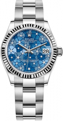 Rolex Datejust 31-278274 (Oystersteel Oyster Bracelet, Gold Diamond-set Azzurro-blue Floral Dial, Fluted Bezel)