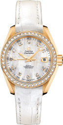 Omega Seamaster Aqua Terra 150M 30-231.58.30.20.55.002 (White Alligator Leather Strap, Vertical-teak White MOP Diamond Index Dial, Yellow Gold Diamond-set Bezel) (Omega 231.58.30.20.55.002)