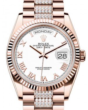 Rolex Day-Date 36-128235 (Everose Gold Diamond-set President Bracelet, White Roman Dial, Fluted Bezel)