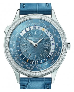 Patek Philippe Complications 36-7130G-016 (Shiny Peacock-blue Alligator Leather Strap, Hand-guilloched Gray-blue Index Dial, Diamond Bezel)