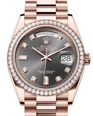 Rolex Day-Date 36-128345RBR (Everose Gold President Bracelet, Gold Diamond-set Slate Dial, Diamond Bezel)