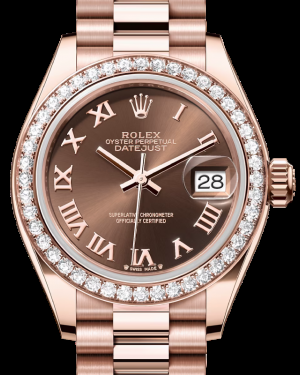 Rolex Lady-Datejust 28-279135RBR (Everose Gold President Bracelet, Chocolate Roman Dial, Diamond Bezel)