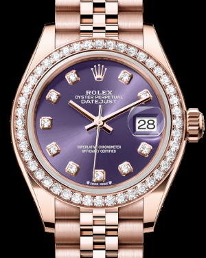 Rolex Lady-Datejust 28-279135RBR (Everose Gold Jubilee Bracelet, Gold Diamond-set Aubergine Dial, Diamond Bezel)