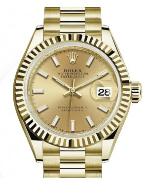 Rolex Lady-Datejust 28-279178 (Yellow Gold President Bracelet, Champagne Index Dial, Fluted Bezel)