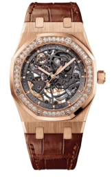 Audemars Piguet Royal Oak 39-15306OR.ZZ.D088CR.01 (Brown Alligator Leather Strap, Transparent Sapphire Openworked Black Dot Index Dial, Pink Gold Diamond-set Bezel) (15306OR.ZZ.D088CR.01)