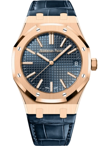 Audemars Piguet Royal Oak 41-15510OR.OO.D315CR.01 (Blue Alligator Leather Strap, Grande Tapisserie Bleu Nuit Nuage 50 Index Dial, Pink Gold Smooth Bezel)