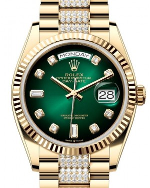 Rolex Day-Date 36-128238 (Yellow Gold Diamond-set President Bracelet, Gold Diamond-set Green Ombré Dial, Fluted Bezel)