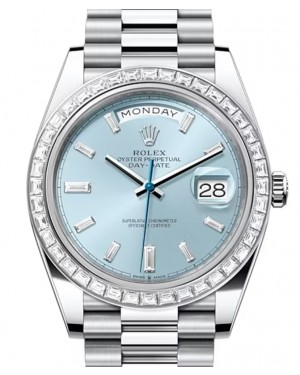 Rolex Day-Date 40-228396TBR (Platinum President Bracelet, Ice-blue Diamond-set Index Dial, Diamond Bezel)