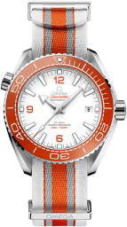 Omega Seamaster Planet Ocean 600M 43.5-215.32.44.21.04.001 (Orange/Grey/White NATO Strap, White Ceramic Arabic/Index Dial, Rotating Red Ceramic Bezel) (Omega 215.32.44.21.04.001)