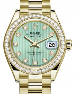 Rolex Lady-Datejust 28-279138RBR (Yellow Gold President Bracelet, Gold Diamond-set Mint-green Dial, Diamond Bezel)