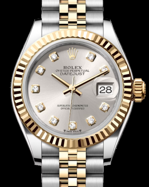 Rolex Lady-Datejust 28-279173 (Yellow Rolesor Jubilee Bracelet, Gold Diamond-set Silver Dial, Fluted Bezel)