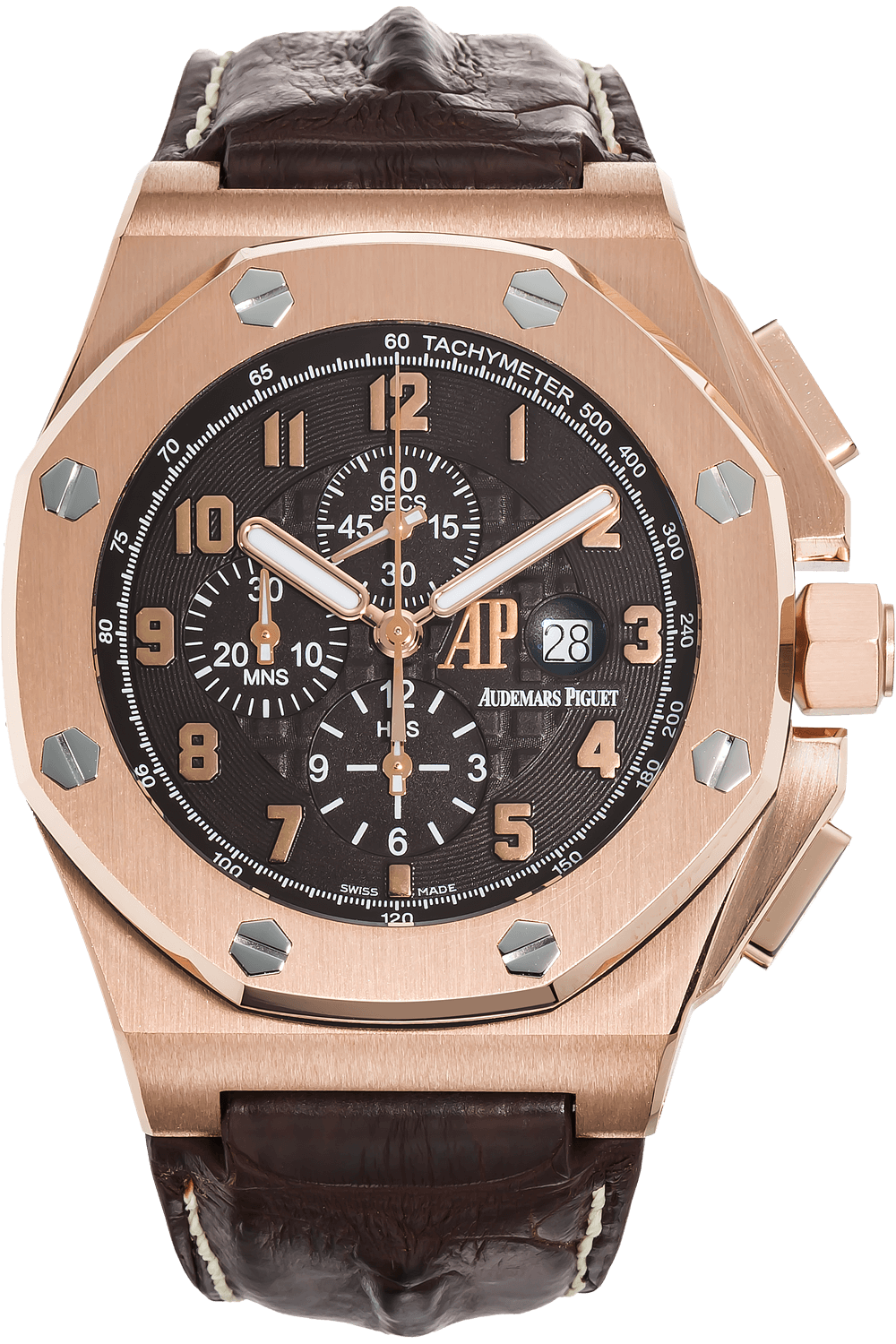 Audemars Piguet Royal Oak OffShore 48-26158OR.OO.A801CR.01 (Brown Alligator Leather Strap, Grande Tapisserie Deep-brown Arabic Dial, Pink Gold Smooth Bezel)