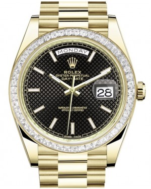 Rolex Day-Date 40-228398TBR (Yellow Gold President Bracelet, Black Diagonal Index Dial, Diamond Bezel)