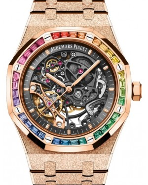 Audemars Piguet Royal Oak 41-15412OR.YG.1224OR.01-B (Hammered Pink Gold Bracelet, Slate-grey Openworked Index Dial, Baguette-cut Rainbow Gemstone-set Bezel)