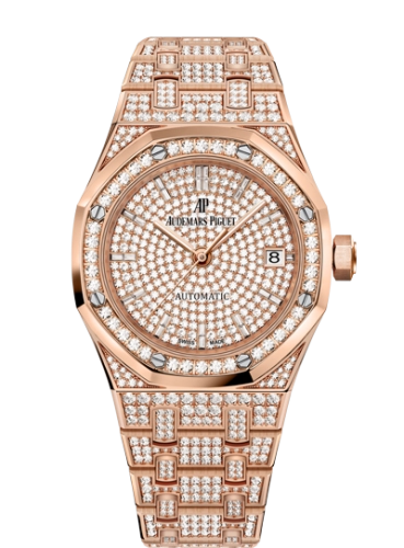 Audemars Piguet Royal Oak 37-15452OR.ZZ.1258OR.02 (Diamond-set Pink Gold Bracelet, Diamond-paved Baguette-cut Diamond Index Dial, Pink Gold Diamond-set Bezel)