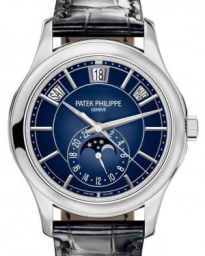 Patek Philippe Complications 40-5205G-013 (Shiny-black Alligator Leather Strap, Blue Sunburst Index Dial, White Gold Smooth Bezel) (5205G-013)