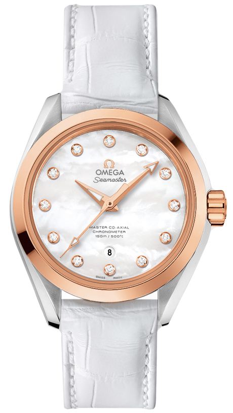 Omega Seamaster Aqua Terra 150M 34-231.23.34.20.55.001 (White Alligator Leather Strap, White MOP Diamond Index Dial, Red Gold Bezel)