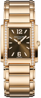 Patek Philippe Twenty~4 25.1x30-4910/1201R-001 (Rose Gold Bracelet, Brown Sunburst Arabic/Index Dial, Diamond Bezel)