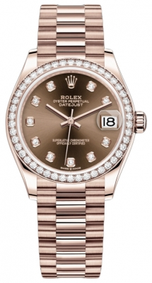 Rolex Datejust 31-278285RBR (Everose Gold President Bracelet, Gold Diamond-set Chocolate Dial, Diamond Bezel)