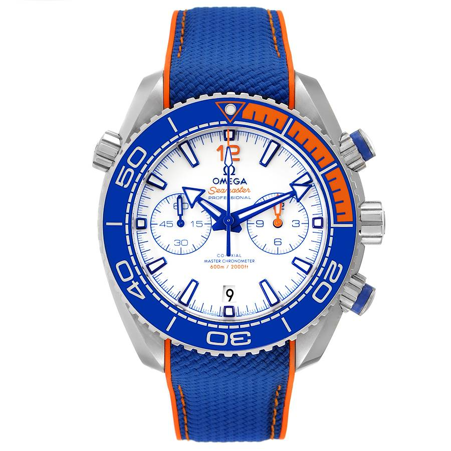 Omega Seamaster Planet Ocean 600M 45.5-215.32.46.51.04.001 (Blue Structured Rubber Strap, White Ceramic Arabic/Index Dial, Rotating Orange Rubber/Blue Ceramic Bezel)