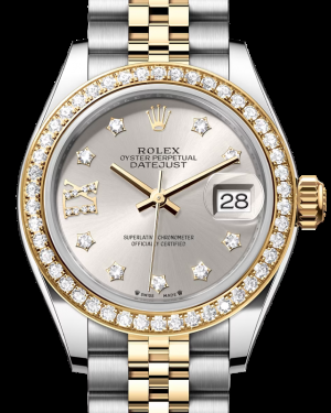 Rolex Lady-Datejust 28-279383RBR (Yellow Rolesor Jubilee Bracelet, Gold Diamond IX-set Silver Dial, Diamond Bezel)