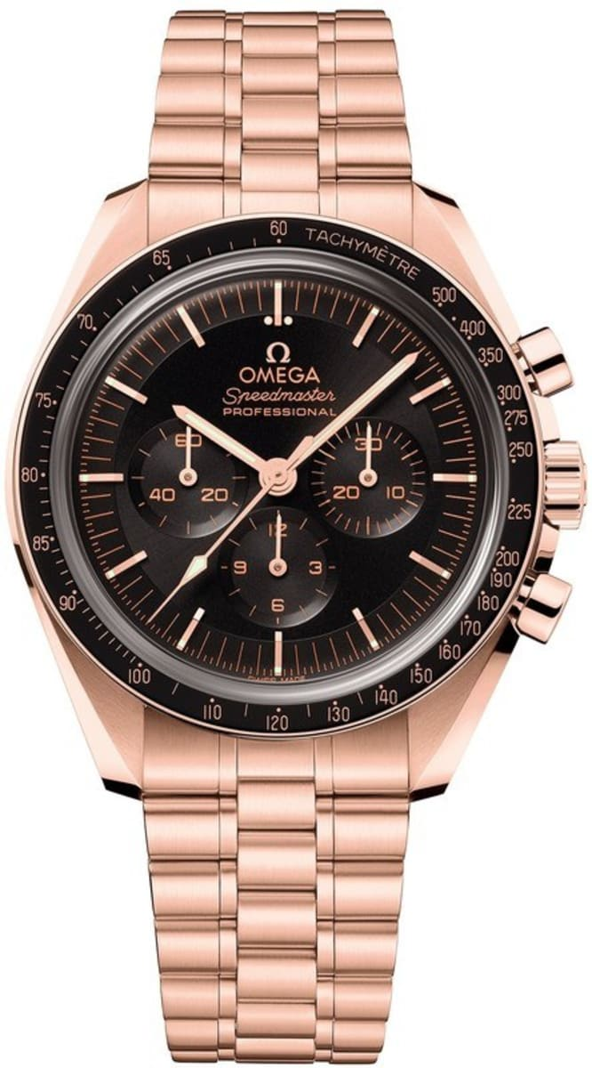Omega Speedmaster Moonwatch 42-310.60.42.50.01.001 (Sedna Gold Bracelet, Sun-brushed Black Index Dial, Black Tachymeter Bezel)