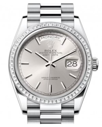 Rolex Day-Date 36-128396TBR (Platinum President Bracelet, Silver Index Dial, Diamond Bezel) (m128396tbr-0004)