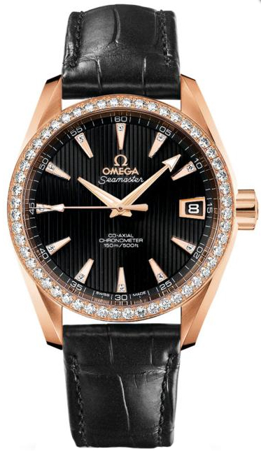 Omega Seamaster Aqua Terra 150M 38.5-231.58.39.21.51.001 (Black Alligator Leather Strap, Vertical-teak Black Index Dial, Red Gold Diamond-set Bezel)