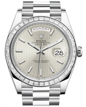 Rolex Day-Date 40-228396TBR (Platinum President Bracelet, Silver Striped Index Dial, Diamond Bezel)