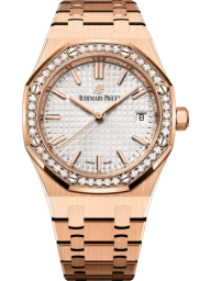 Audemars Piguet Royal Oak 34-77351OR.ZZ.1261OR.01 (Pink Gold Bracelet, Grande Tapisserie Silver-toned Index Dial, Pink Gold Diamond-set Bezel) (77351OR.ZZ.1261OR.01)