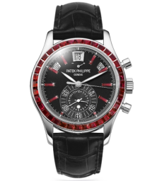 Patek Philippe Complications 40.5-5961P-013 (Matte-black Alligator Leather Strap, Ebony-black Opaline Index Dial, Baguette-cut Ruby Bezel) (5961P-013)