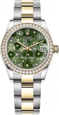 Rolex Datejust 31-278383RBR (Yellow Rolesor Oyster Bracelet, Gold Diamond-set Olive-green Floral Dial, Diamond Bezel)