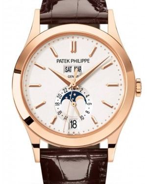 Patek Philippe Complications 38.5-5396R-011 (Shiny Chocolate-brown Alligator Leather Strap, Silvery Opaline Index Dial, Rose Gold Smooth Bezel)