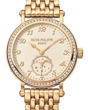 Patek Philippe Complications 33-7121/1J-001 (Yellow Gold Bracelet, Ivory-cream Arabic Dial, Diamond Bezel)
