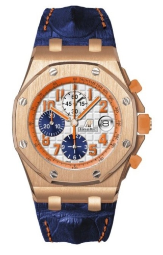 Audemars Piguet Royal Oak Offshore 42-26217OR.OO.D311CR.01 (Blue Alligator Leather Strap, Méga Tapisserie Silver-toned Arabic Dial, Pink Gold Smooth Bezel)