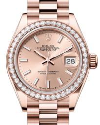 Rolex Lady-Datejust 28-279135RBR (Everose Gold President Bracelet, Rosé Index Dial, Diamond Bezel) (m279135rbr-0025)