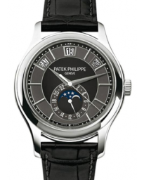 Patek Philippe Complications 40-5205G-010 (Shiny-black Alligator Leather Strap, Black-slate Index Dial, White Gold Smooth Bezel) (5205G-010)