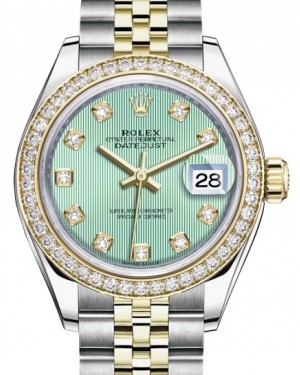 Rolex Lady-Datejust 28-279383RBR (Yellow Rolesor Jubilee Bracelet, Gold Diamond-set Mint-green Dial, Diamond Bezel)