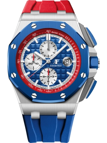 Audemars Piguet Royal Oak Offshore  44-26400SO.OO.A502CA.01 (Red & Blue Rubber Strap, Méga Tapisserie Blue Index Dial, Blue Ceramic Smooth Bezel)