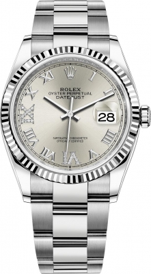 Rolex Datejust 36-126234 (Oystersteel Oyster Bracelet, VI IX Gold Diamond-set Silver Dial, Fluted Bezel)