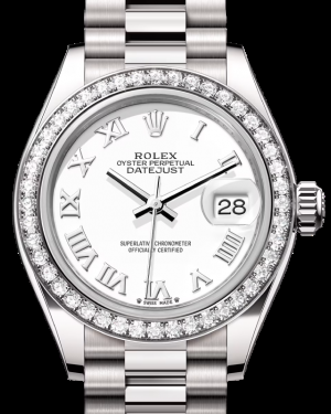 Rolex Lady-Datejust 28-279139RBR (White Gold President Bracelet, White Roman Dial, Diamond Bezel)