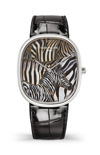 Patek Philippe Golden Ellipse 34.5x39.5-5738/50G-023 (Shiny-black Alligator Leather Strap, Grand Feu-cloisonné Enamel Zebra Dial, White Gold Smooth Bezel)