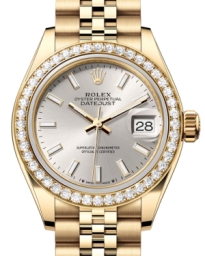 Rolex Lady-Datejust 28-279138RBR (Yellow Gold Jubilee Bracelet, Silver Index Dial, Diamond Bezel) (m279138rbr-0012)