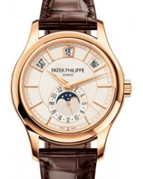 Patek Philippe Complications 40-5205R-001 (Shiny Chestnut-brown Alligator Leather Strap, White Index Dial, Rose Gold Smooth Bezel) (5205R-001)