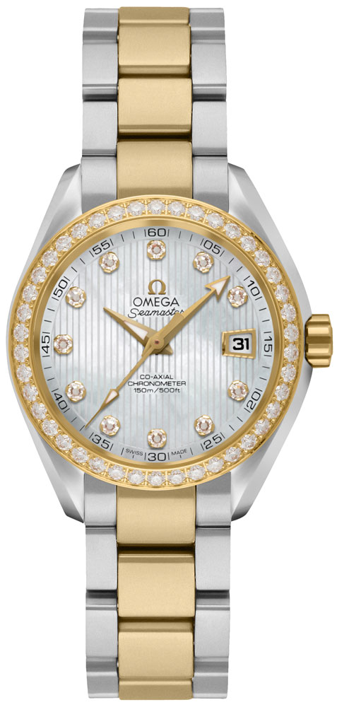 Omega Seamaster Aqua Terra 150M 30-231.25.30.20.55.002 (Yellow Gold & Stainless Steel Bracelet, Vertical-teak White MOP Diamond Index Dial, Yellow Gold Diamond-set Bezel)