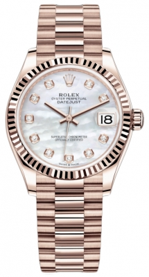 Rolex Datejust 31-278275 (Everose Gold President Bracelet, Gold Diamond-set White MOP Dial, Fluted Bezel)