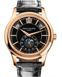 Patek Philippe Complications 40-5205R-010 (Shiny-black Alligator Leather Strap, Black Index Dial, Rose Gold Smooth Bezel) (5205R-010)