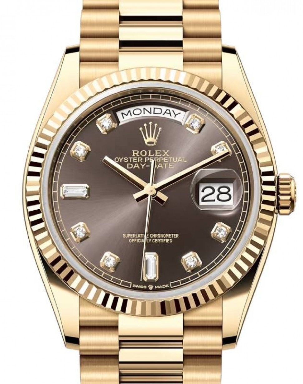 Rolex Day-Date 36-128238 (Yellow Gold President Bracelet, Gold Diamond-set Dark-grey Dial, Fluted Bezel)